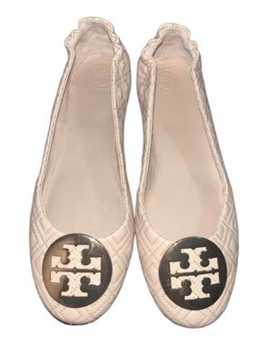 Tory Burch Minnie Quilted Ballet Travel Flats Goan Sand Pink Nude Gold Size 10M